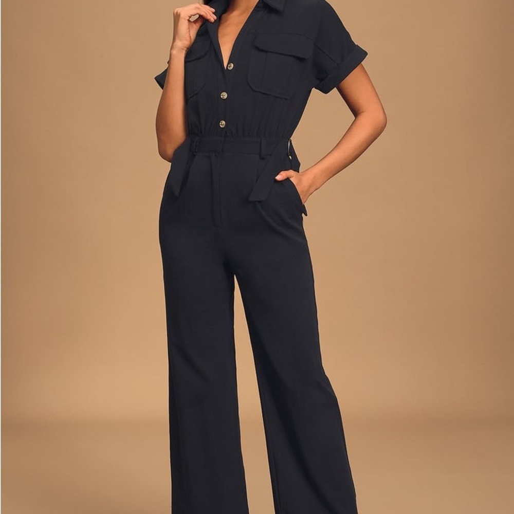 Spread the Word Black Button-Front Short Sleeve Utility Jumpsuit